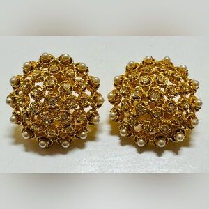 Vintage Corocraft rhinestone and pearl gold tone dome earrings